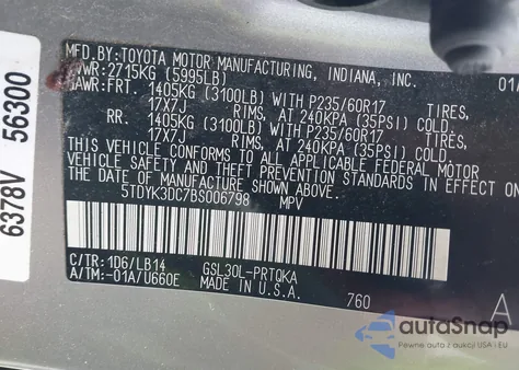 2011 Toyota Sienna Xle V6 z USA, uszkodzony, nr VIN 5TDYK3DC7BS006798